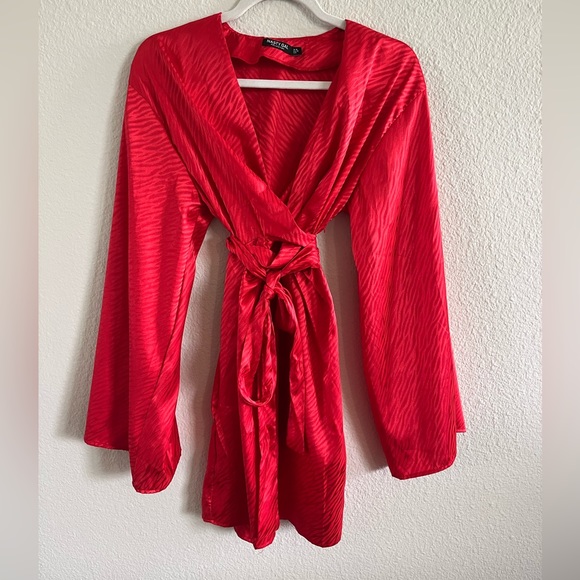 Satin Wrap Front Wide Sleeve Mini Dress - Picture 3 of 5